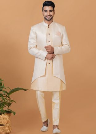 White Woven Jacket Style Indo Western Sherwani
