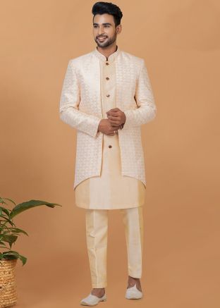 Off White Woven Jacket Style Indo Western Sherwani