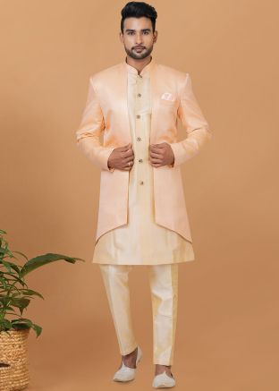 Peach Woven Jacket Style Indo Western Sherwani