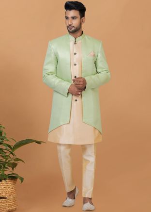 Green Jacket Style Woven Indo Western Sherwani