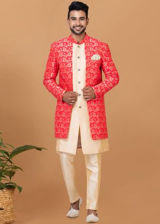 Orange Woven Indo Western Sherwani For Men