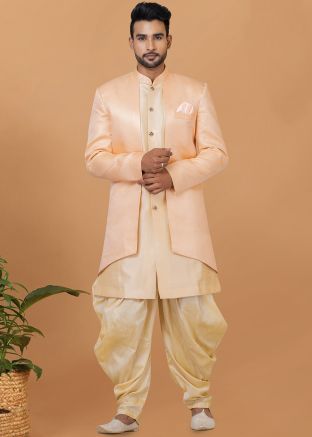 Peach Woven Indo Western Sherwani With Dhoti