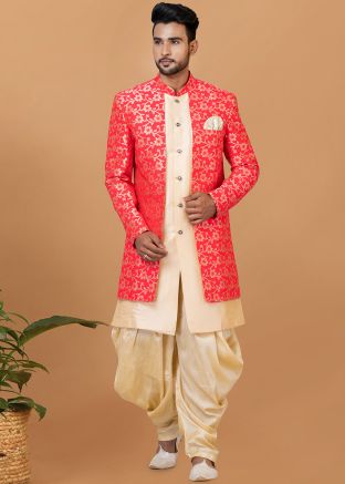 Orange Woven Indo Western Sherwani With Dhoti