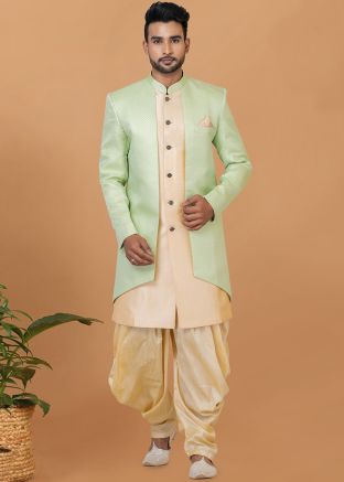 Green Woven Dhoti Style Indo Western Sherwani