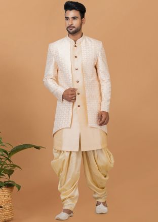 Off White Woven Dhoti Style Indo Western Sherwani