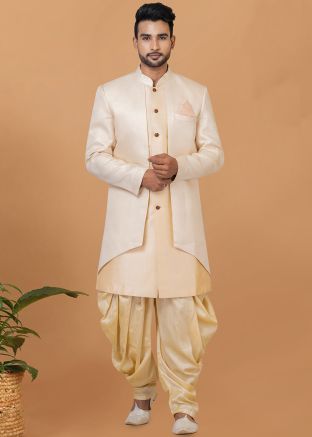 White Men Woven Dhoti Style Indo Western Sherwani