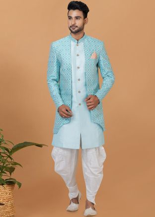 Blue Men Woven Dhoti Style Indo Western Sherwani