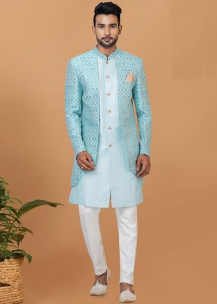 Blue Men Woven Indo Western Sherwani