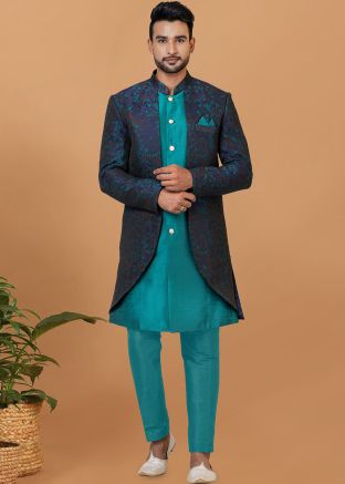 Navy Blue Woven Indo Western Sherwani Set