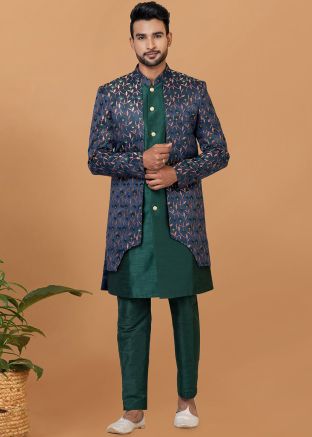 Navy Blue Woven Indo Western Sherwani Set
