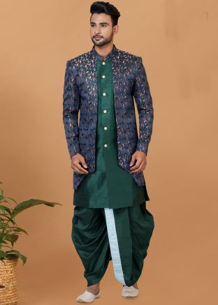 Green Woven Dhoti Style Indo Western Sherwani