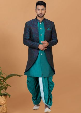 Teal Blue Woven Dhoti Style Indo Western Sherwani