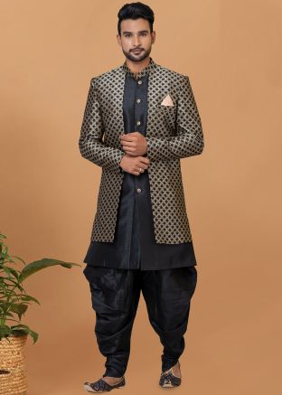 Black Woven Dhoti Style Indo Western Sherwani