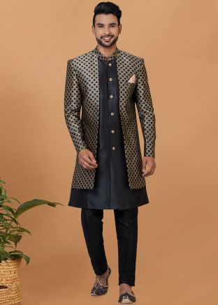 Black Woven Men Indo Western Sherwani