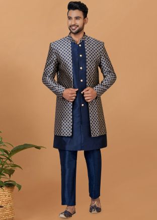 Blue Woven Men Indo Western Sherwani Set