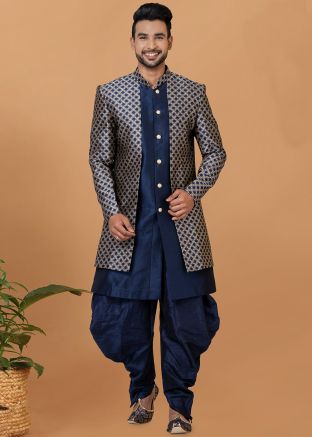 Blue Woven Jacket Style Indo Western Sherwani Set