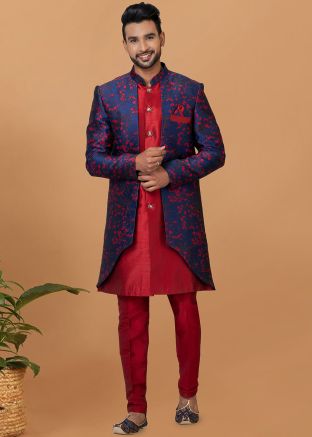 Blue Woven Jacket Style Indo Western Sherwani Set