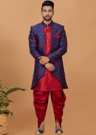 Readymade Blue Woven Dhoti Style Indo Western Sherwani