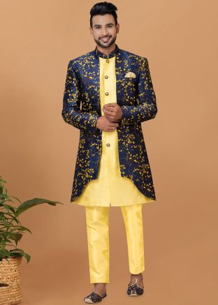 Yellow Woven Jacket Style Indo Western Sherwani Set