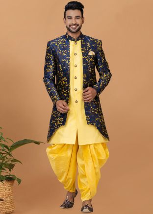 Yellow Woven Dhoti Style Indo Western Sherwani