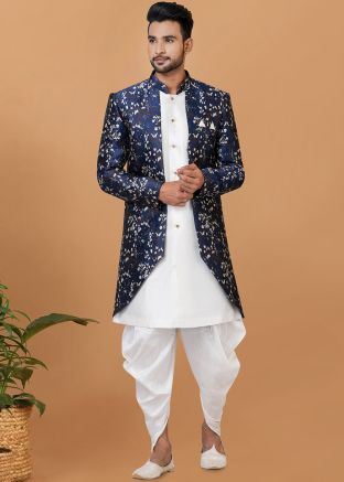 White Woven Dhoti Style Indo Western Sherwani