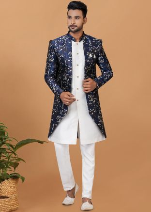 White Woven Men Indo Western Sherwani