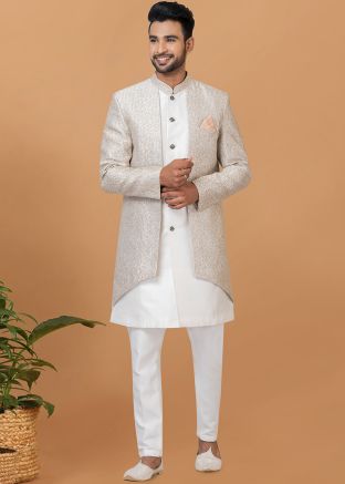White Woven Men Indo Western Sherwani Set