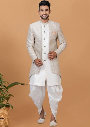 White Woven Jacket Style Indo Western Sherwani