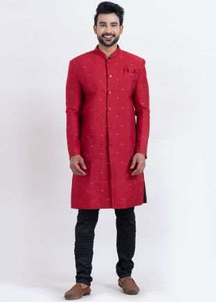 Red Woven Men Indo Western Sherwani Set