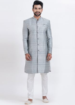 Readymade Grey Woven Indo Western Sherwani