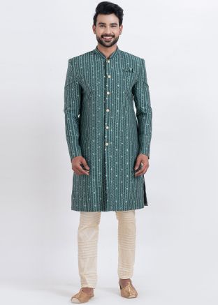 Blue Printed Indo Western Sherwani For Men