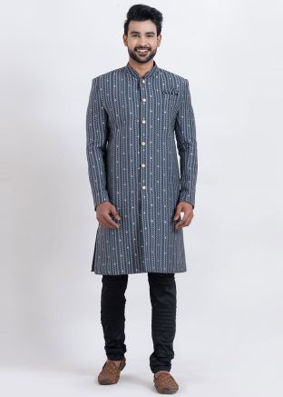 Blue Printed Indo Western Sherwani For Men