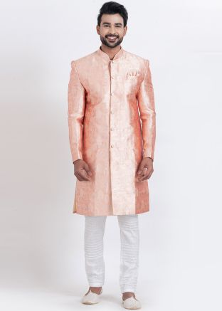Peach Woven Readymade Indo Western Sherwani