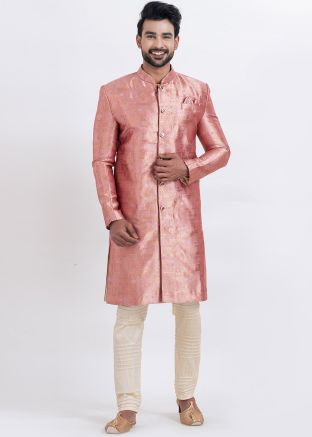 Pink Readymade Woven Indo Western Sherwani