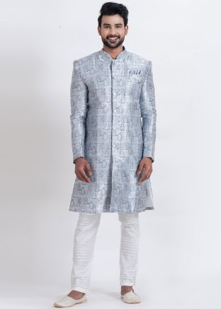 Grey Woven Indo Western Sherwani Set