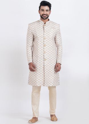 White Printed Indo Western Sherwani Set
