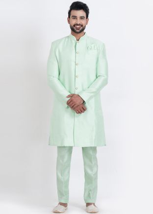 Turquoise Men Plain Indo Western Sherwani