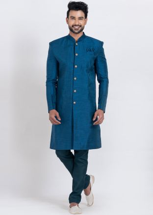 Teal Blue Men Plain Indo Western Sherwani