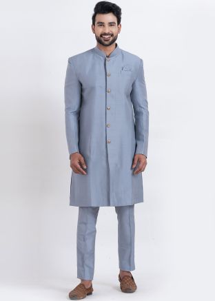 Grey Men Plain Indo Western Sherwani Set