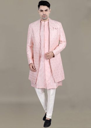 Readymade Pink Embroidered Indo Wester Sherwani