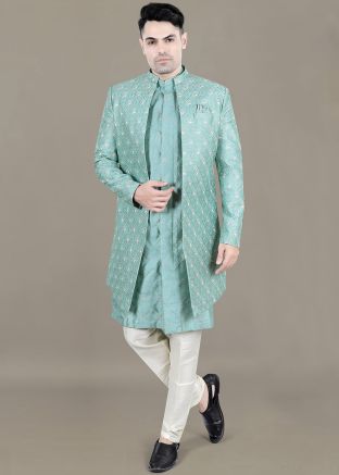 Blue Embellished Indo Western Sherwani For Men