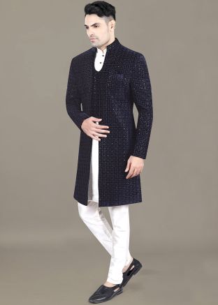 Navy Blue Embellished Men Indo Western Sherwani