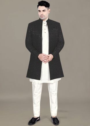 Black Embellished Men Indo Western Sherwani