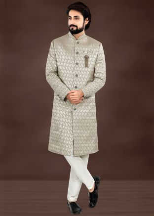 Grey Woven Men Sherwani Set In Brocade
