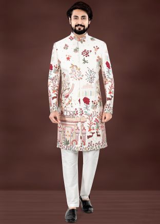 Cream Embroidered Indo Western Sherwani
