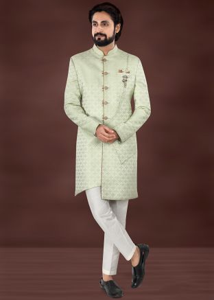 Pista Green Woven Asymmetric Indo Western Sherwani