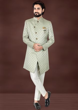 Grey Men Woven Indo Western Sherwani