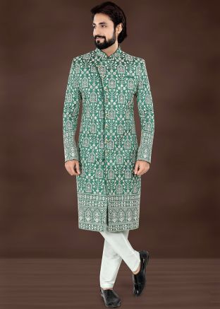 Green Embroidered Men Sherwani Set In Jacquard
