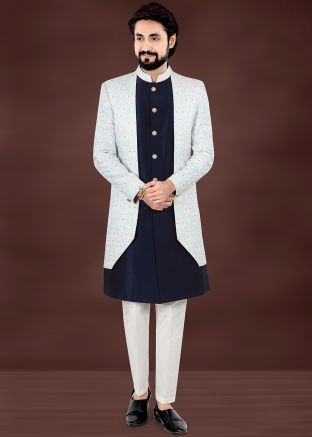 Sky Blue Embroidered Indo Western Sherwani