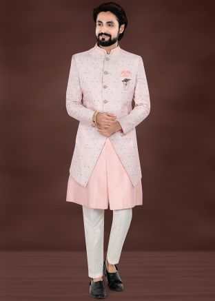 Pink Embroidered Indo Western Sherwani In Jacquard